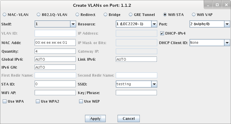 Candela Wifi LANforge Create VLAN's