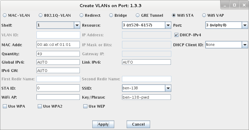 LANforge WiFIRE Test WiFi Station Upload Throughput- Create VLANs