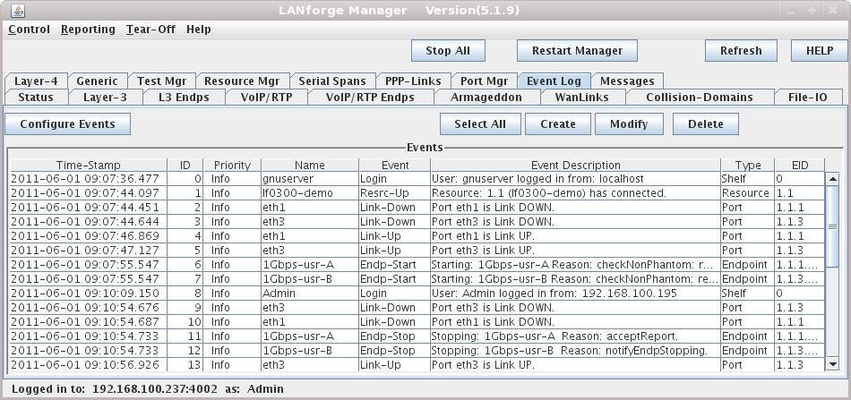 LANforge-GUI Event Log