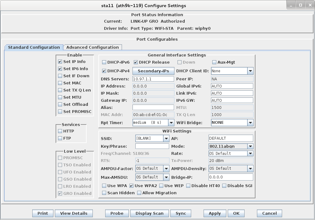 Candela LANforge WiFIRE Configure Settings