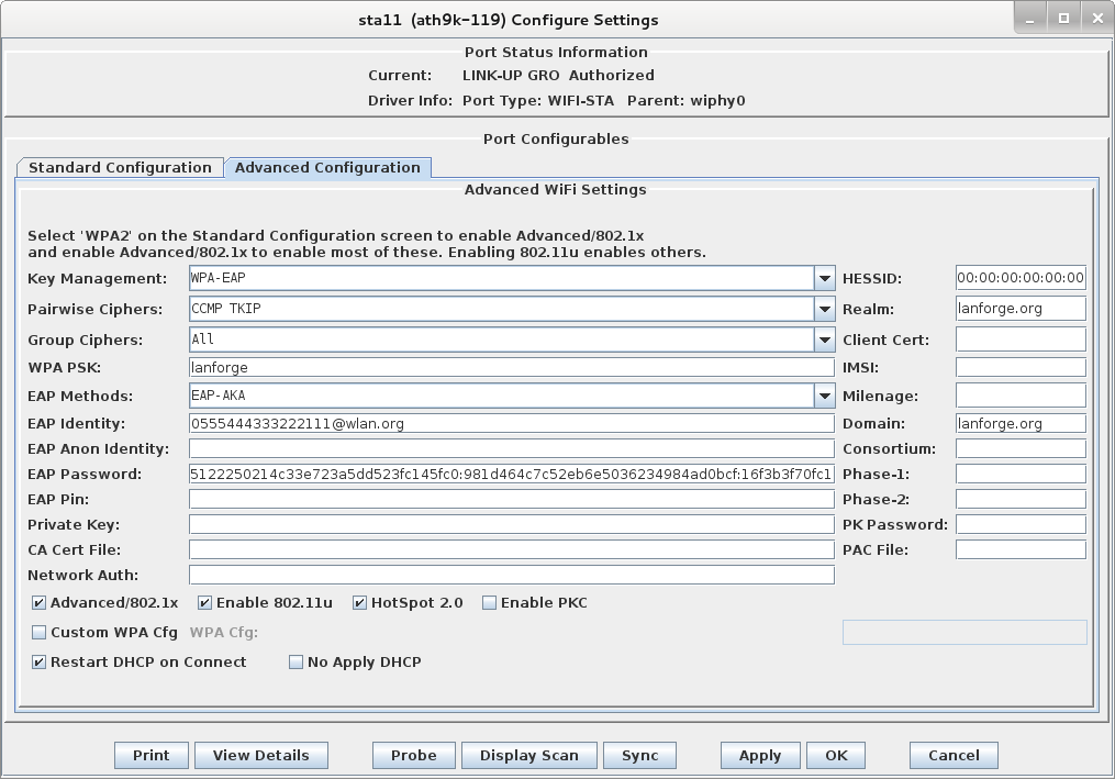 Candela LANforge WiFIRE Configure Settings