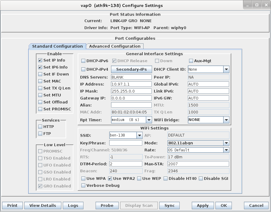 Candela LANforge WiFIRE Configure Settings