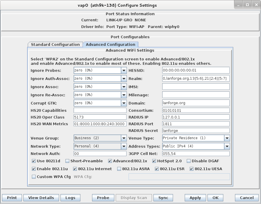 Candela LANforge WiFIRE Configure Settings