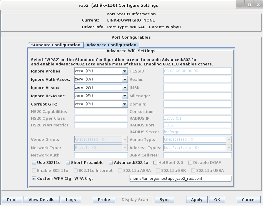 Candela LANforge WiFIRE Configure Settings