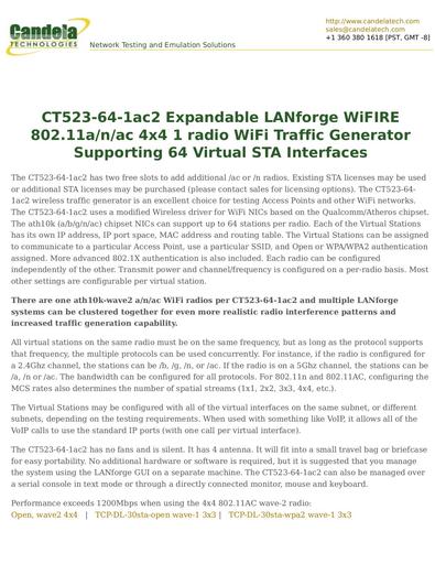 CT523-64-1ac2 Expandable LANforge WiFIRE 802.11a/n/ac 4x4 1 radio WiFi Traffic Generator Supporting 64 Virtual STA Interfaces