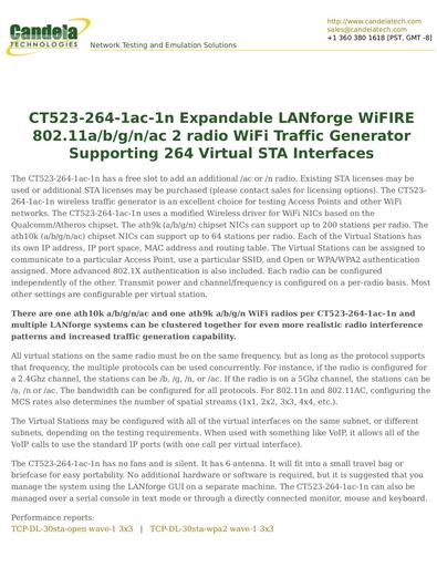 CT523-264-1ac-1n Expandable LANforge WiFIRE 802.11a/b/g/n/ac 2 radio WiFi Traffic Generator Supporting 264 Virtual STA Interfaces